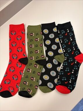 Men's Music-Pattern Crew Socks Pack - Red, Olive, Black, Black